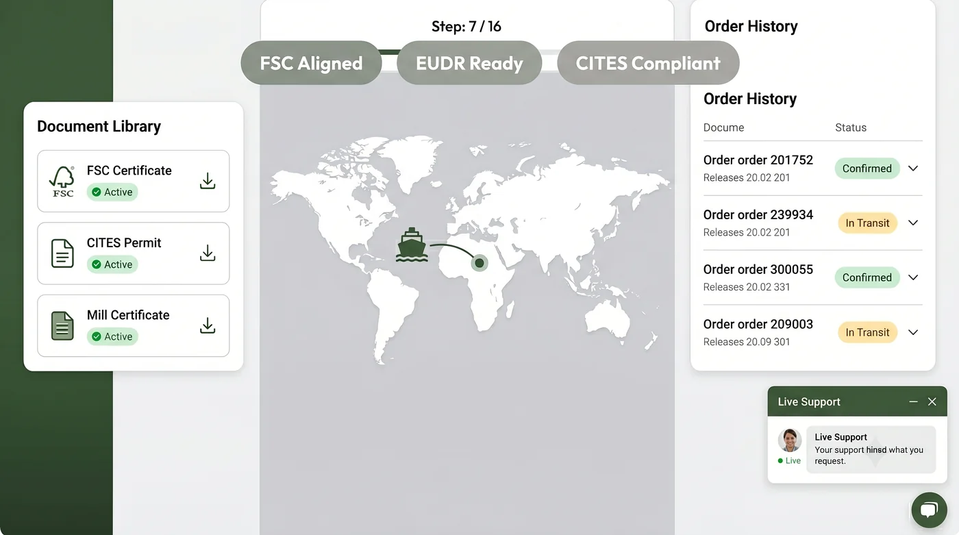 ZamTimbers buyer portal — shipment tracking and export documentation